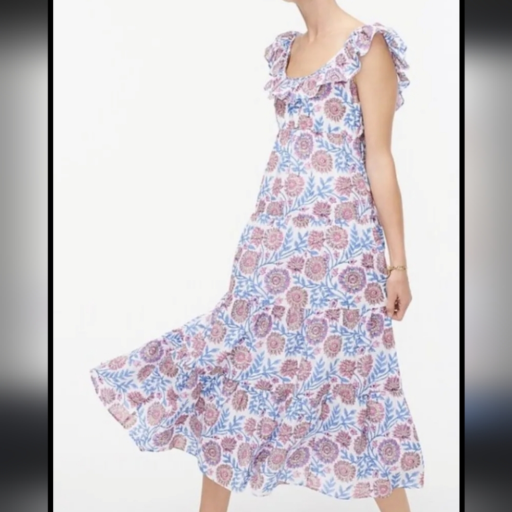 NWT J. Crew Tier Ruffleneck Midi Dress in Floral Vine Block Print XXL